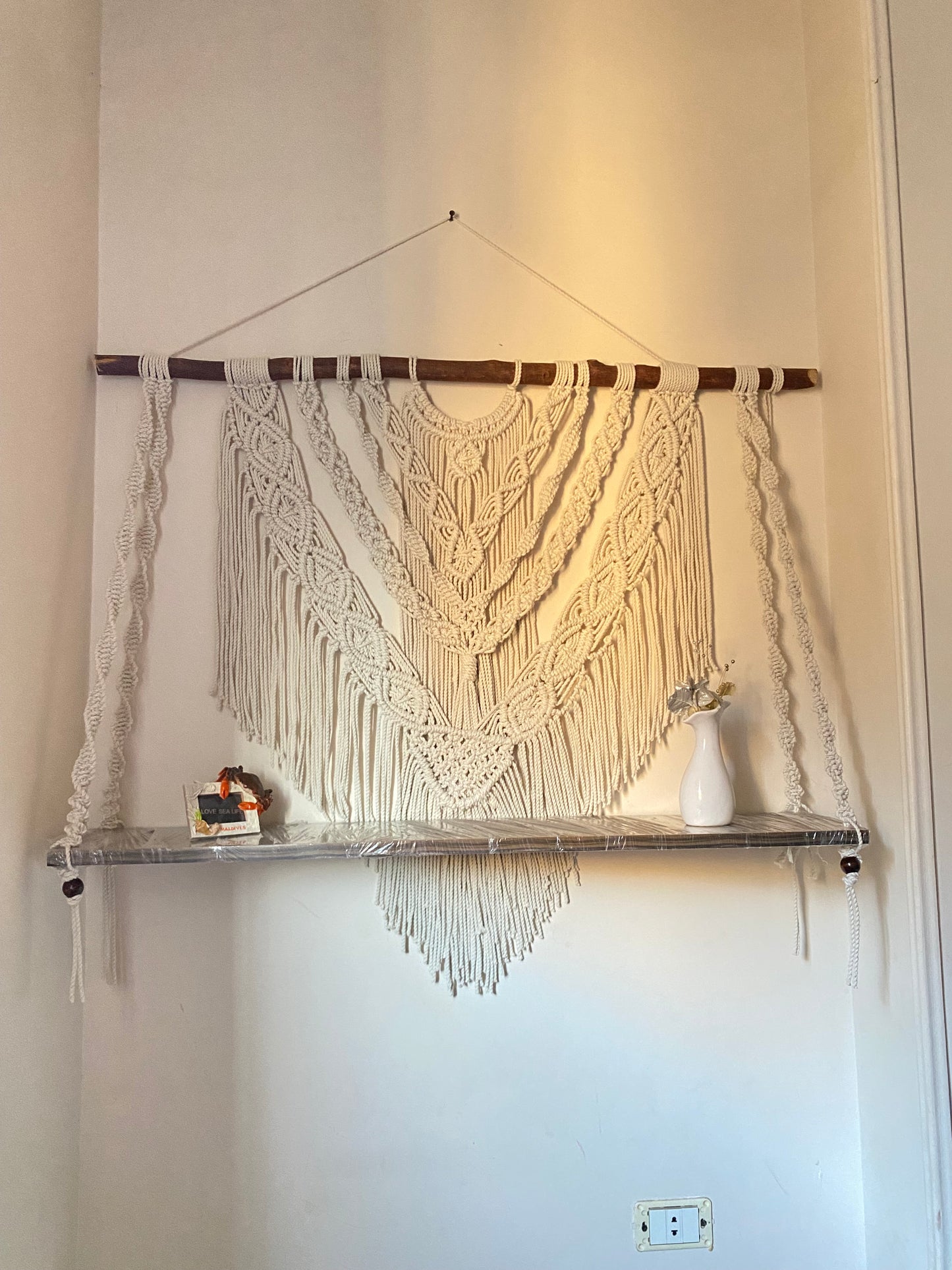 Macrame Mural With Wooden Shelf