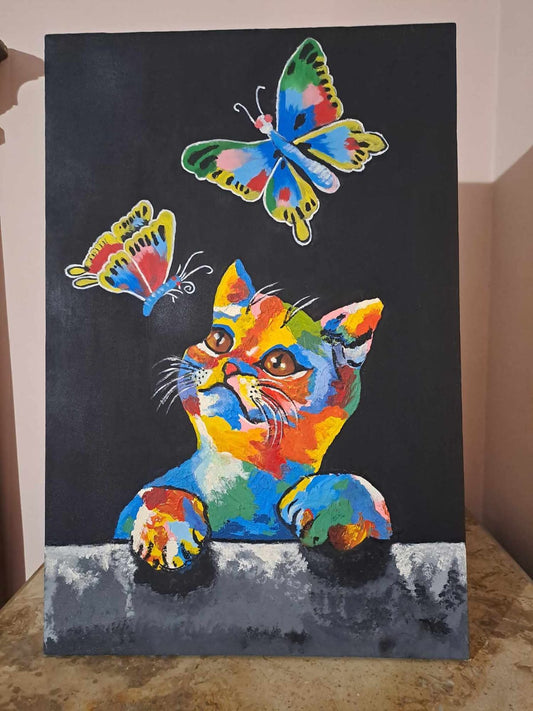 Cat and Butterflies Acrylic Art Painting