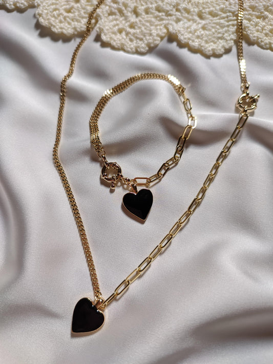 Black Heart Necklace and Bracelet Set