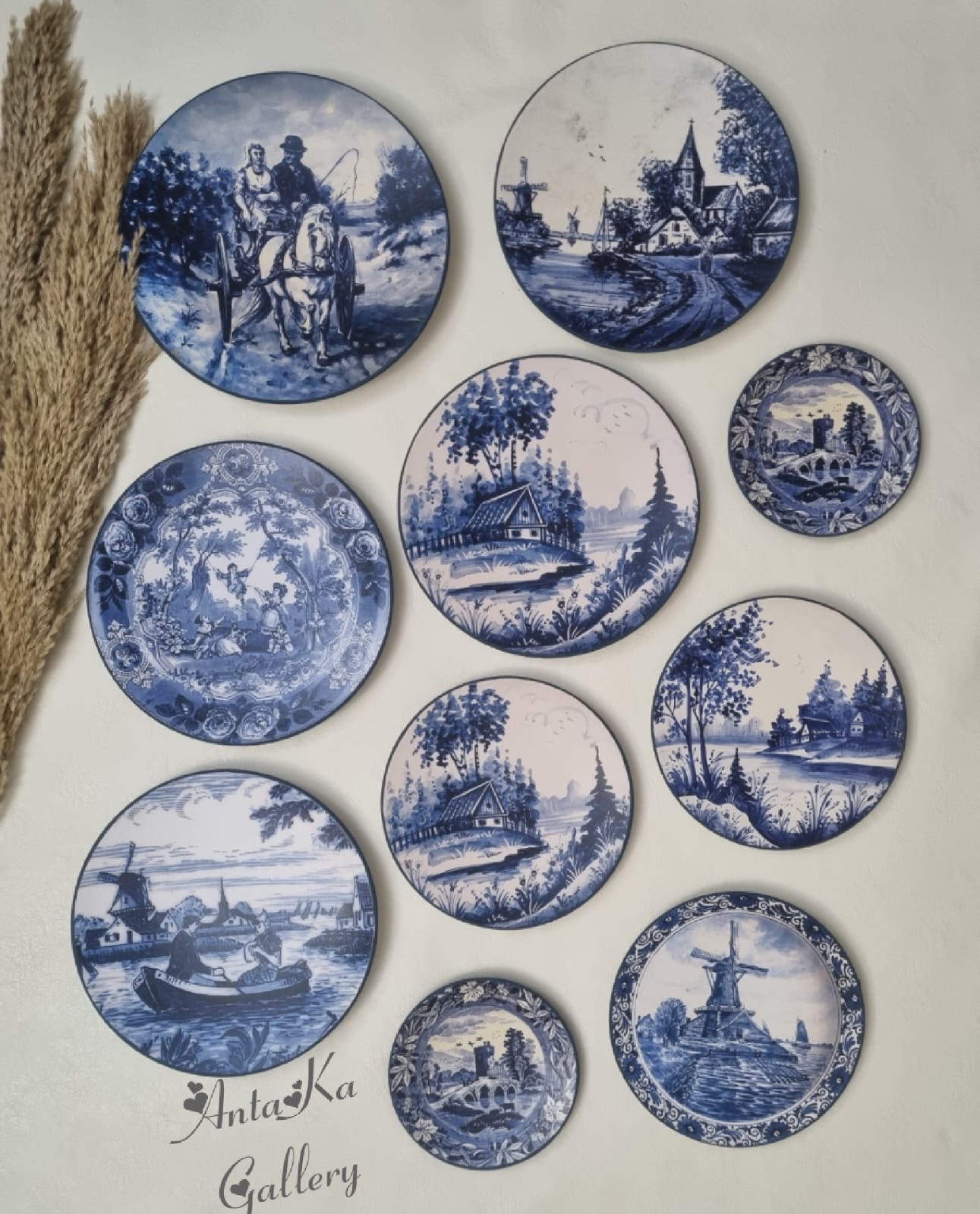 Decoupage Wall Plates Decor, Set of Ten, Blue