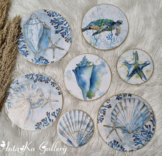 Decoupage Wall Plates Decor, Set of Seven