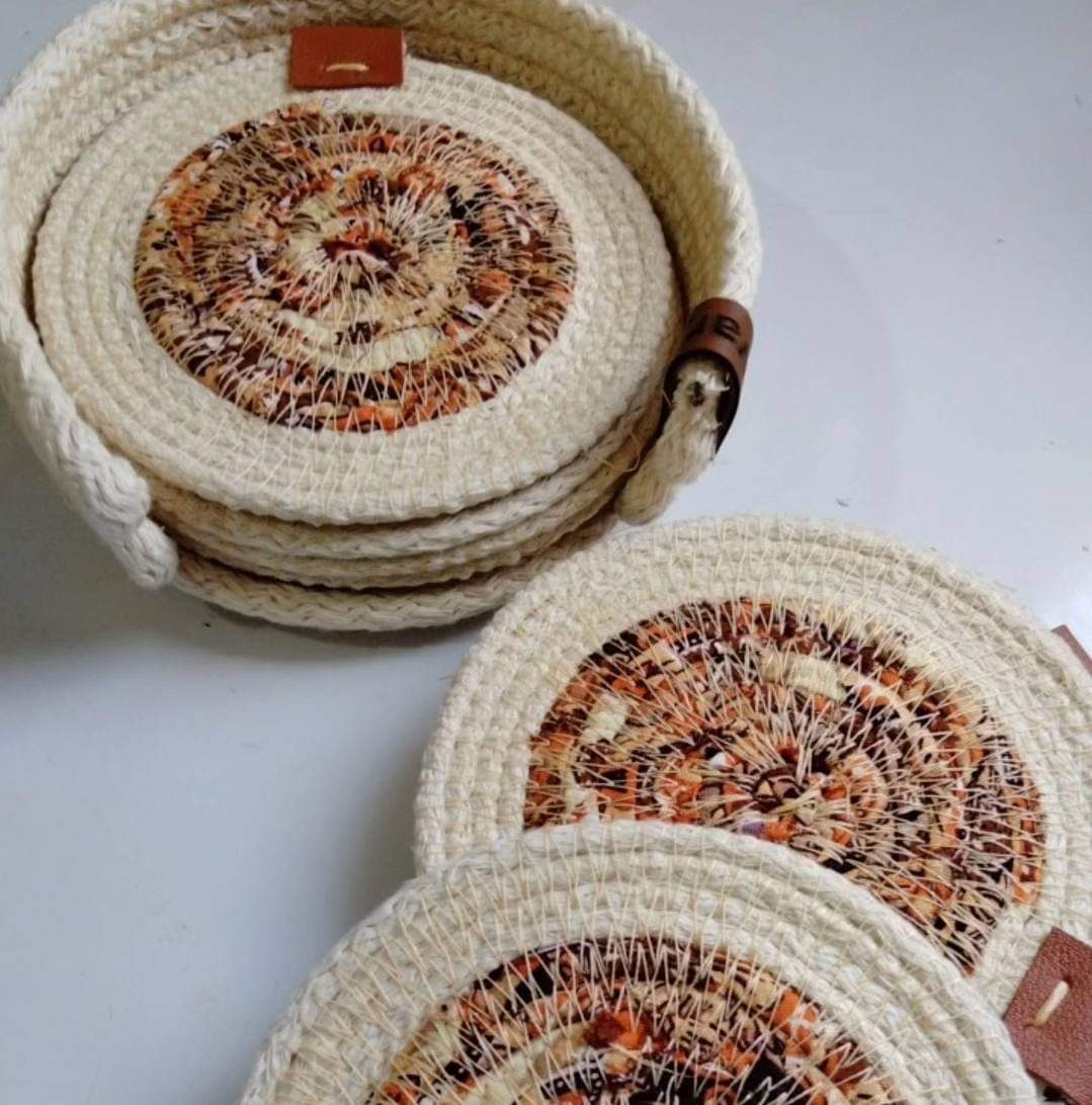 Set of Six Coasters and a Rack, Different Styles, Cotton Rope